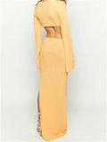 Sexy Women Ruched Hollow Out Long Dress Long Flare Sleeve Crew Neck Backless High Split Dress Cocktail Party