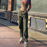 Women's Jeans High Street Retro Green Straight Leg Women's Patchwork cargo jeans high waisted jeans y2k jeans xs