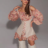 Zingj Women's Fall 2023 New Fashion Long-Sleeved Floral Dress With A Waistcoat Waist To Show A Thin A-Line Skirt-Outfit