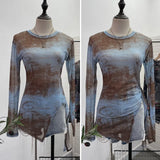 Vintage Tie-Dye-Print Net Yarn Jersey Long-Sleeved Top Irregularly T-Shirt With Thin Short T-Shirt