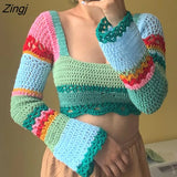 Women Summer Crop Tops Splicing Crochet Square Neck Long Sleeves Knitted T-shirt Tops 2023 Streetwear for Girls