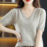 Zingj 2024 New Short-Sleeved Sweater Women's T-Shirt Solid Color V-Neck Short-Sleeved Bottom Shirt Top Thin Style A Hair-Outfit