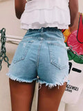 High Waist Broken Hole Tassel Denim Shorts Woman-Outfit