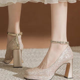Thick With New Mary Jane Crystal Shoes A Word Button Wedding Shoes Bride Shoes Small Square Head High Heels
