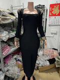 Stylish Black Diamond-Stuffed Casual Long-Sleeved Slender Bandage Long-Sighten Dress Evening