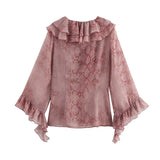 Spring/Summer Blouse With V-Neck Folding Animal Pattern Printed Women's Long-Sleeved