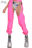 Women Buckles Bottomless Pants High Waist Cargo Trousers Crothchless Color Block Boggy Trousers Long Rave