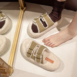 Zingj Autumn And Winter Large Size Double Buckle Platform Slippers With Velvet And Thick Lamb Wool Slippers Warm Shoes-Outfit