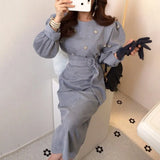 Autumn Floral Beading Corduroy Long Dress Women Lantern Sleeve O-neck Sashes Korean Fashion Ladies Pencil Dress