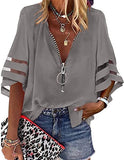 New V-Neck Zipper Shirt Half-Horn Sleeve Grid Spliced Loose Casual Shirt For