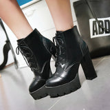 Women Platform Boots Fashion Thick High Heel Ankle Boots Pu Leather Lace Up Autumn Winter Woman Shoes 2018 White Black