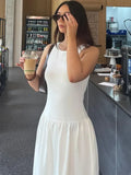 White Patchwork A-line Women Midi Dress Fashion Crew Neck Sleeveless Long Dresses Female Party Commute Street