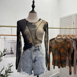 Sunset Sun Dyed Elastic Mesh Yarn T-Shirt Stacked With Long-Sleeved Top Press Line T-Shirt