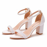 Cm Thick Heeled Shallow Word With Sandals Round Head Square Thick Heel Sandals White Pearl Sandals Wedding