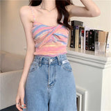 Knit Camisole Crop Top Girls Twisted Contrast Color Striped Stretchy Sweet Hot Camis Sleeveless T-Shirt For Slim