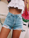 High Waist Broken Hole Tassel Denim Shorts Woman-Outfit