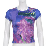 Retro Tie Dye Graphic Print T-shirt E-girl Gothic Women Short Sleeve Slim Fit Crop Top Female Summer Basic Sweats