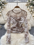 Europe Long sleeved Mesh Sheer T-shirt Fashion Skinny Temperament Office Lady Blouse O Neck Pleated Tie Dye Print