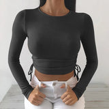 O-Neck Long Sleeve Bodycon Cropped Tops Autumn 2020 Women Irregular Drawstring Bandage Knitted Solid