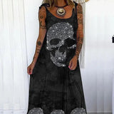 Vintage Punk Skull Print Party Dress Women Elegant O-Neck Sleeveless Sling Long Beach Casual Loose Long Summer