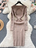 2023 Autumn Knitted Chic Dress O Neck Hollow Out Long Sleeves Bows Decoration Solid Women Slim Fit Bodycon Party