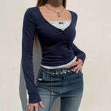 V-neck Lace Patchwork Bow Long Sleeve TeeOutfit