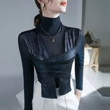 Women Patched Fashion Mesh T Shirts Lady High Stretch Turtleneck Tshirt Woman Autumn Chic Top