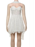 White Polka Dot Strapless Frill Mini Dress With Drape Scarf- Outfit