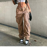 Green Cargo Pants Baggy Jeans Women Fashion Streetwear Pockets Straight High Waist Casual Vintage Denim Trousers