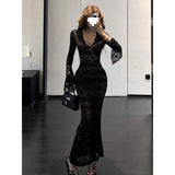 V Collar Long-Sleeved Dress Women Early Autumn Lace Hollow Dress Sister Slightly Familiar With Tight-Natured Ass Tail