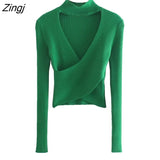 New Women Sexy Hollow Out Design Green Purple Color Short Knitted Sweater Lady Chic Long Sleeve Pullover Crop Tops