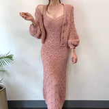 Knitted Single-breasted Lantern Sleeve Cardigan Sweater Coat V Neck Sleeveless Spaghetti Strap Sweater Dress 2 Piece
