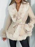 Fur Patchwork PU Leather Jacket Women Fashion Contrast Color Plush Collar Winter Warm Cardigan with Belt Outwear