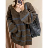 Breeze Loose V-Collar Head Striped Sweater Autumn And Winter Retro Temperament Medium-Long Style Sweater