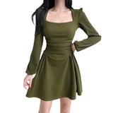 Zingj Women's Summer Tide Afternoon Tea Party Retro Square Collar Long Sleeve Dress Waist Show Thin Temperament Tea Break Dress-Outfit