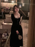 Wedding Party Black Velvet Midi Dresses for Women 2023 Autumn Square Neck Long Sleeves Evening Prom Mini Female