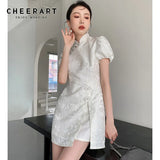 Jacquard White Vintage Cheongsam Dress Puff Sleeve Summer Bodycon Retro Ladies Mini Chinese Traditional Dress