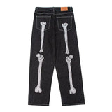 Popular Skeleton Bone Embroidered Jeans Women Y2K New Harajuku Hip Hop Straight High Waisted Jeans Punk Casual Baggy
