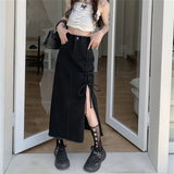 Women'S Long Denim Skirt Vintage High Wasit Drawstring Jeans Skirt Female Black Straight Side Split A-Line Pencil