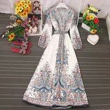 2021 Spring Women New V Neck Long Sleeve Print Chiffon Lace-up A-line Dress Casual Waist Slim Vacation Beach