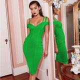 Midi Bandage Dress for Women Elegant Off The Shoulder Bodycon Dresses 2022 Summer V-neck Sexy Evening Club Party