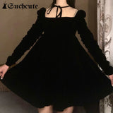 SUCHCUTE Velvet Women's A Line Dress Slim Square Neck Goth Party Outfits Winter Elegant Lady Gauze Bandage Sweet Black