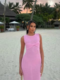 Solid Knot O Neck Knitted Long Dresses Women Sexy Sleeveless Slim Fit Maxi Dress Female Party Beachwear Casual