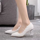 Cm Shallow Crystal Transparent Coarse Single Shoes White Lace Pointed Large Size Wedding Shoes Bridesmaid Party