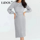 Winter Round Neck Solid Elegant Slim Belt Pleated Sweater Midi Dresses Ladies Waist Wild Knitted Bottomed Casual