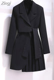 Women 2023 Spring New Fashion Women Clothing Suit Skirt Jacket Belt Waist Slim Suit Women Blazer Long Coat Black