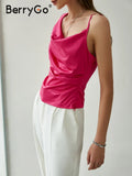 Elegant office lady silk top pink 2022 Summer satin crop top with irregular straps Fashion zipper pure tank top