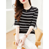 Photo Ice Silk T-Shirt Women's New Spring And Summer Sweater Seven Minute Sleeve Versatile Short Sleeve Loose Stripe