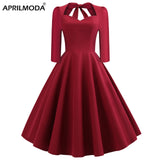 Out Women 50s Rockabilly Dress 3/4 Long Sleeve V Neck Swing Solid Red Blue Green Cotton Retro Vintage Party