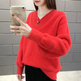 Mink Velvet V-neck Knitted Sweater Women Loose Here Simple Commuter Fashion Stretch Bottoming Sweater Pullover Femal